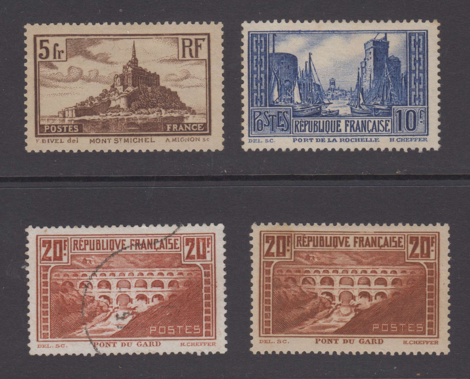 France 1929 — Scott 250 (Type II), 252 (Type III), 253 (Type I) & 254A (Type III), top value