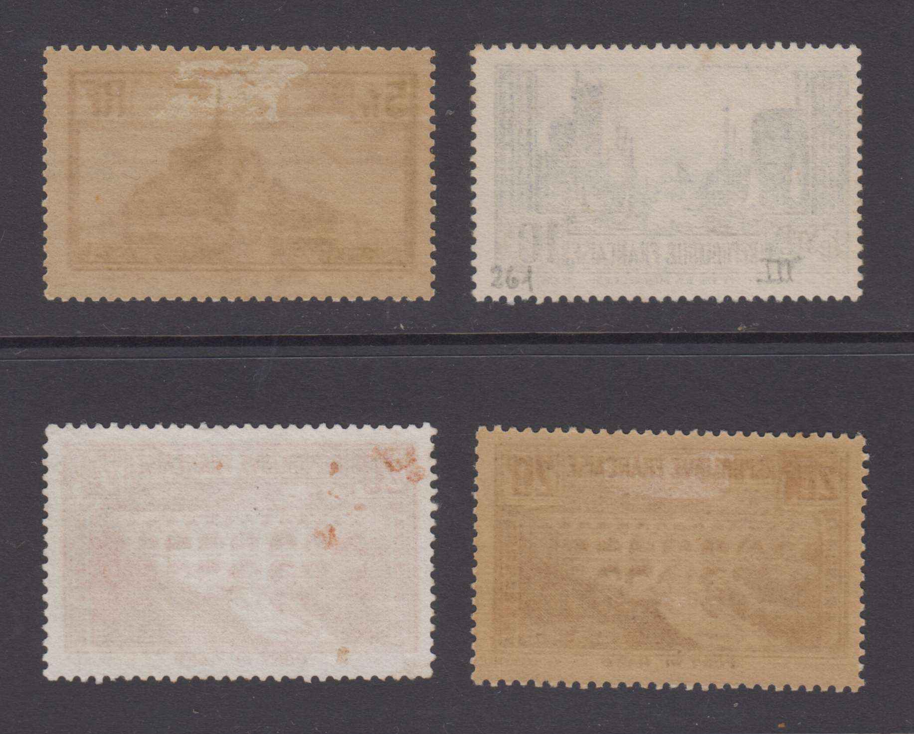 France 1929 — Scott 250 (Type II), 252 (Type III), 253 (Type I) & 254A (Type III), top value