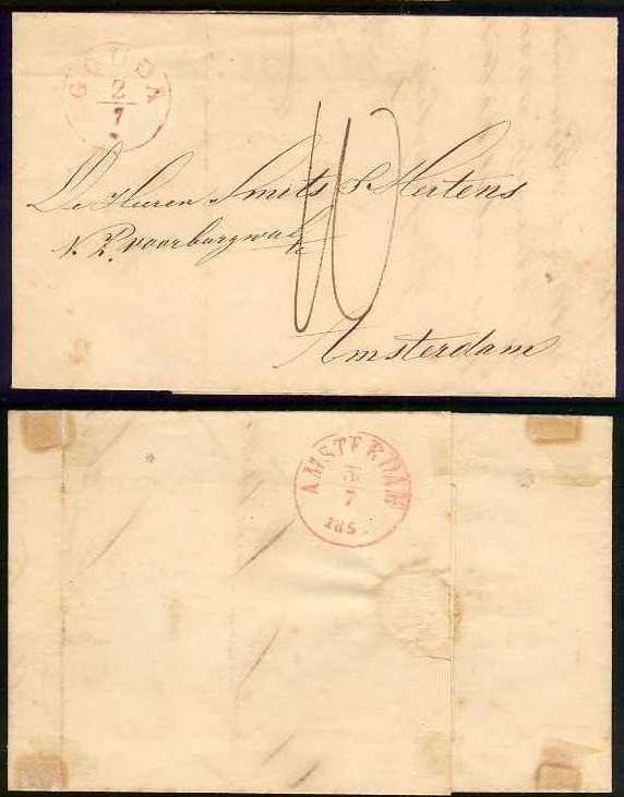 Netherlands 1952 — Stampless entire letter with red "Gouda 2/7" postmark sent to Amsterdam with red arrival…