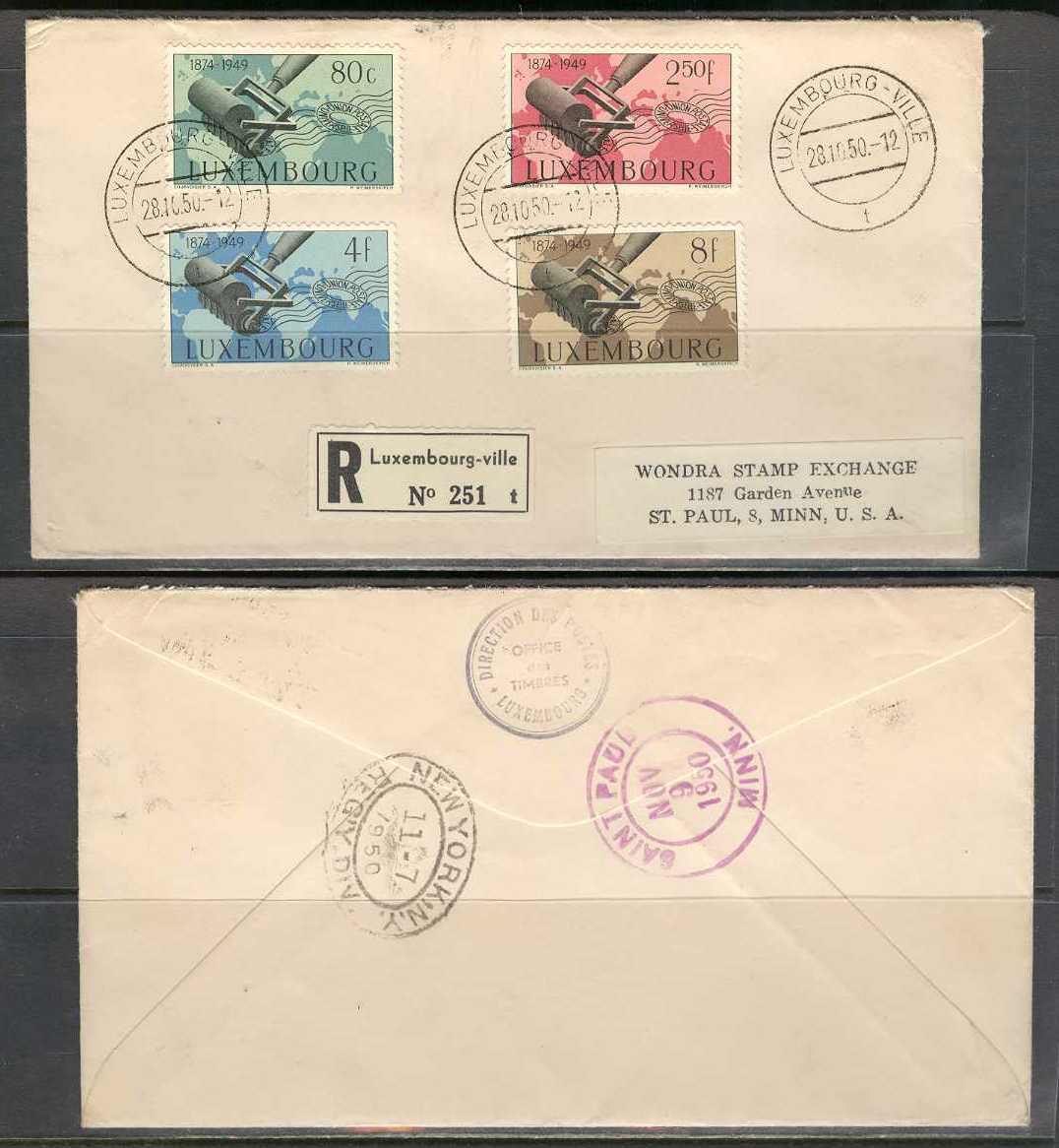 Luxembourg 1950 — Upu issue on R-mail to USA
