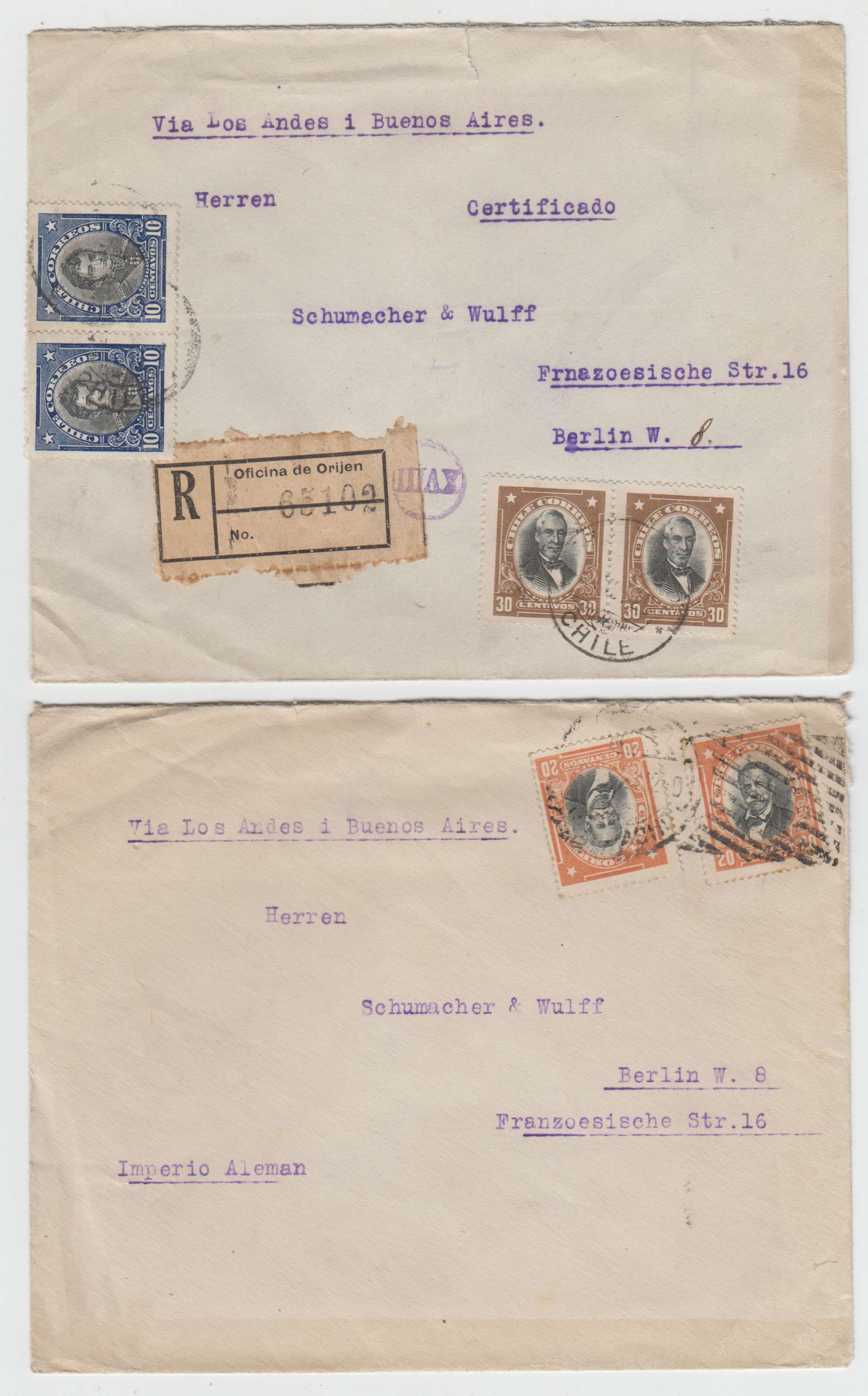 Chile 1916 — Group of 10 covers to Switzerland, Germany or USA with better cancels, rates, etc