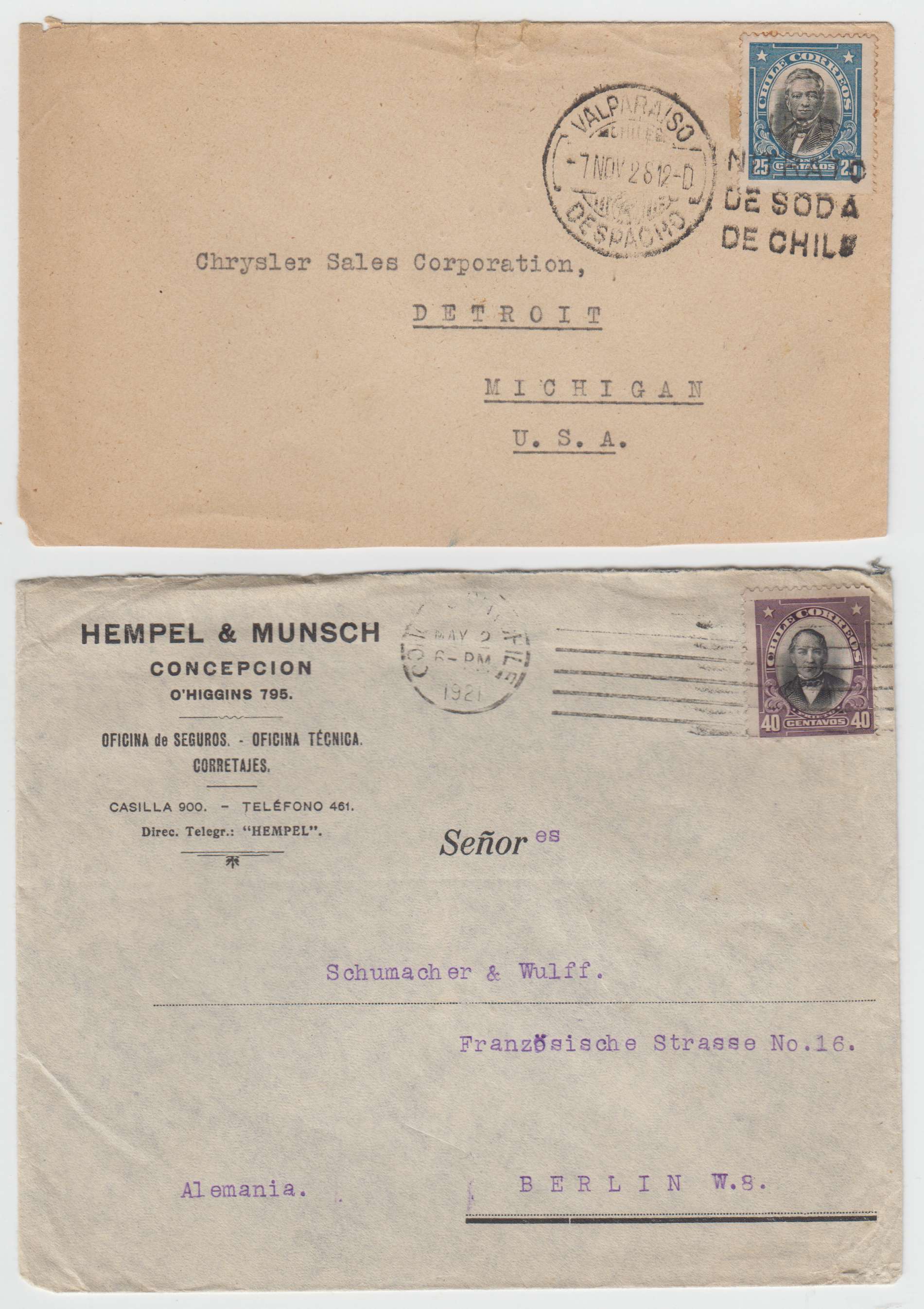 Chile 1916 — Group of 10 covers to Switzerland, Germany or USA with better cancels, rates, etc