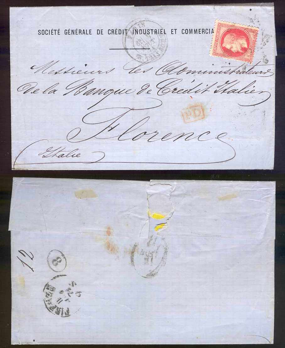 France 1871 — Mail to Italy paid to destination