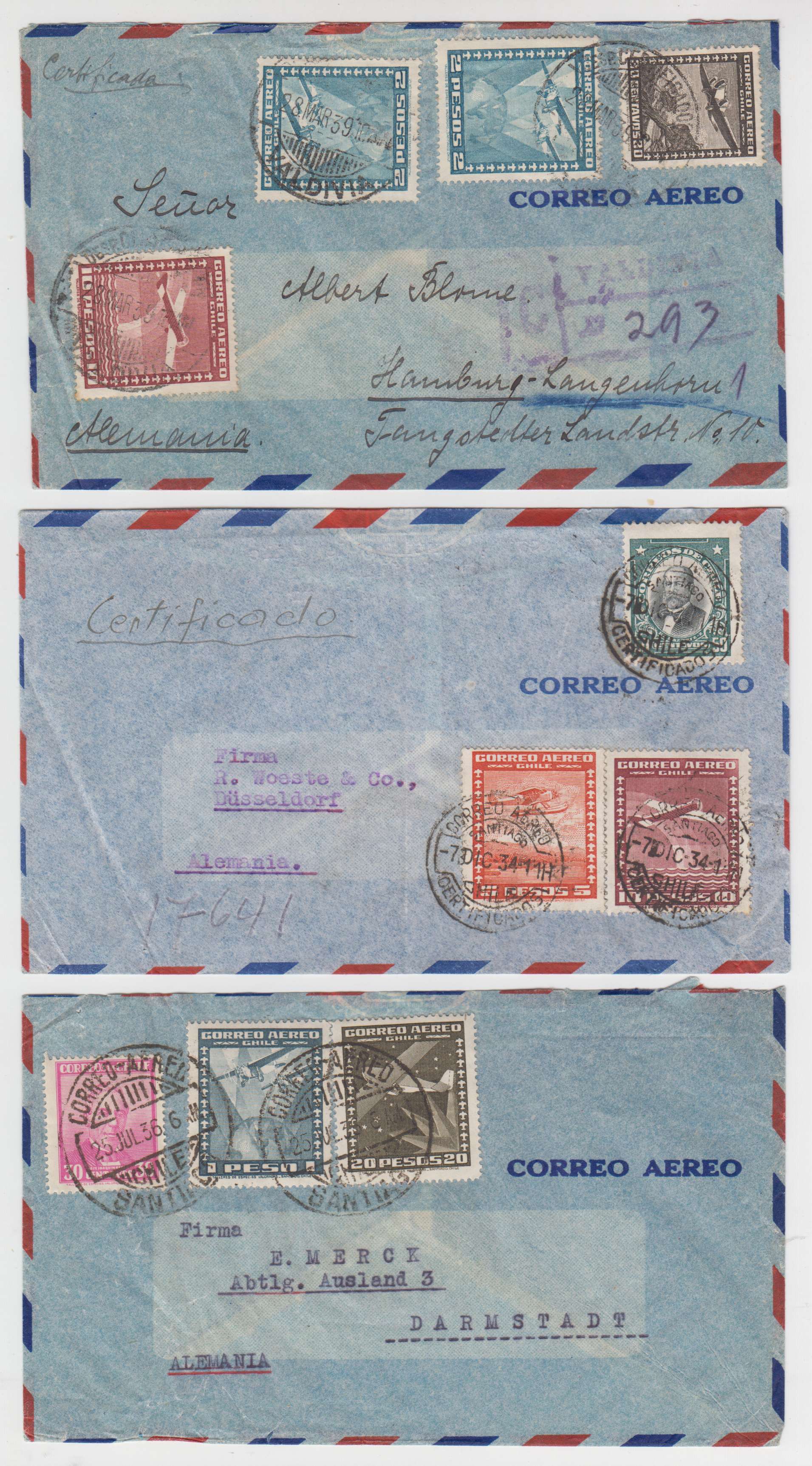 Chile 1933 — Better collection of 17 covers to Germany Switzerland or GB including surface, R-covers,…