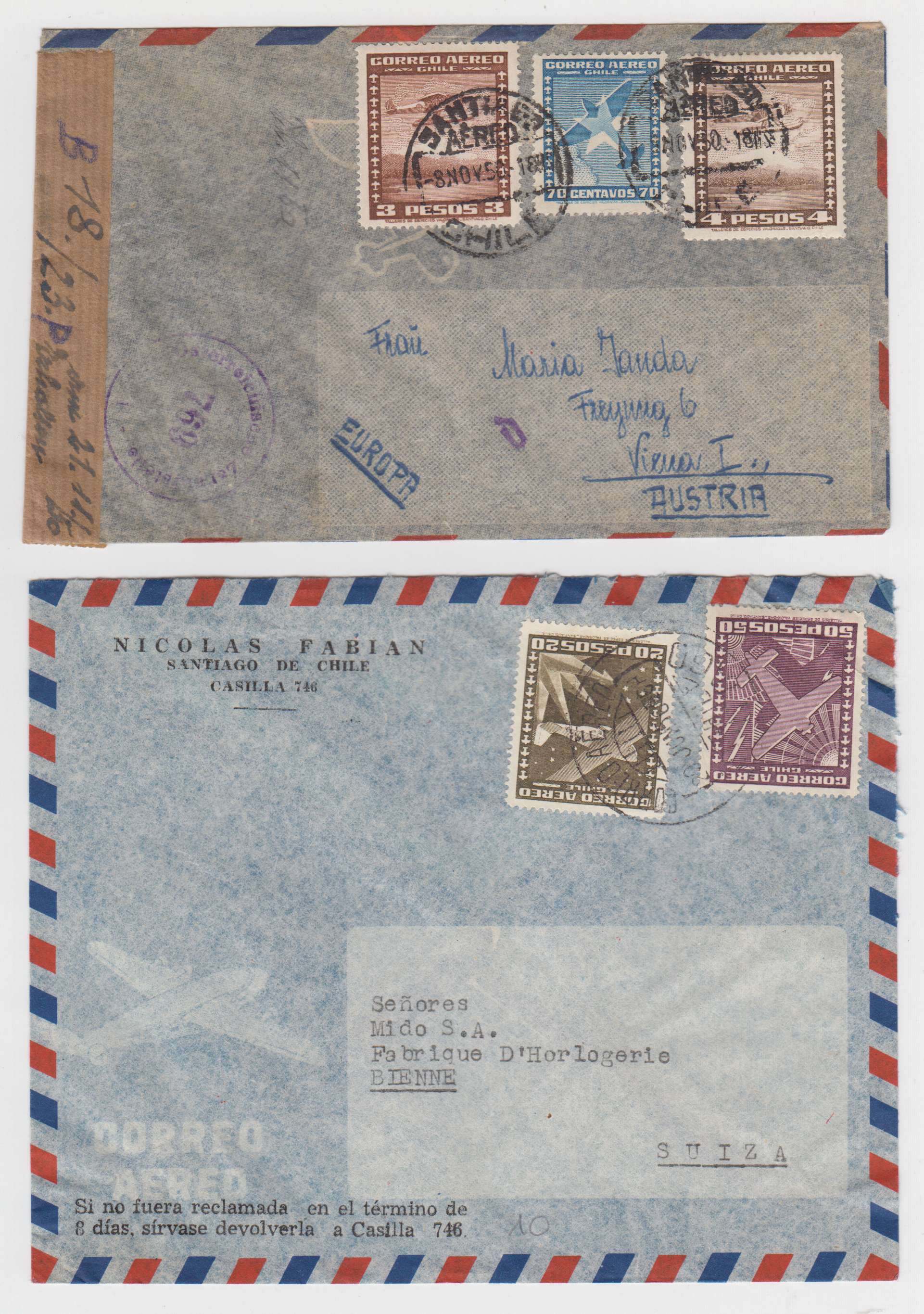 Chile 1948 — Collection of 23 covers to Austria or Switzerland including better rates & Frankings,…