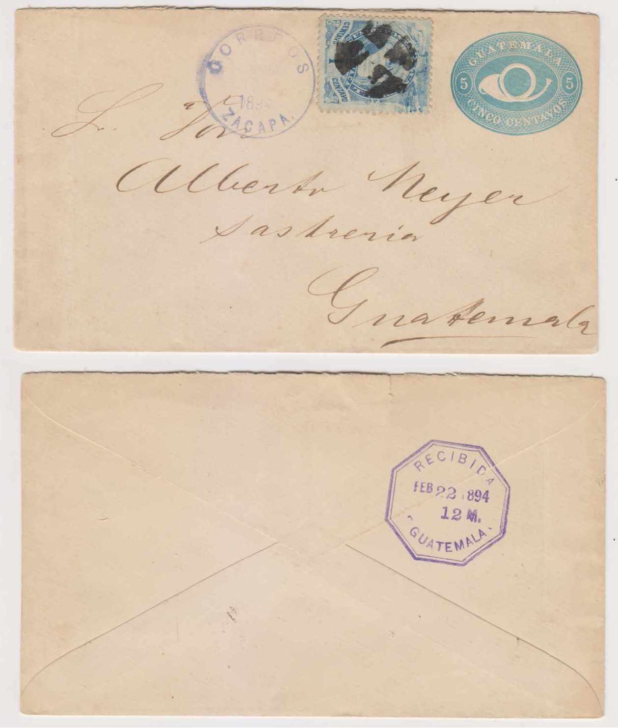 Guatemala 1894 — Uprated envelope used internally H & G B4 with Scott 43 added used by mute 4 segment…