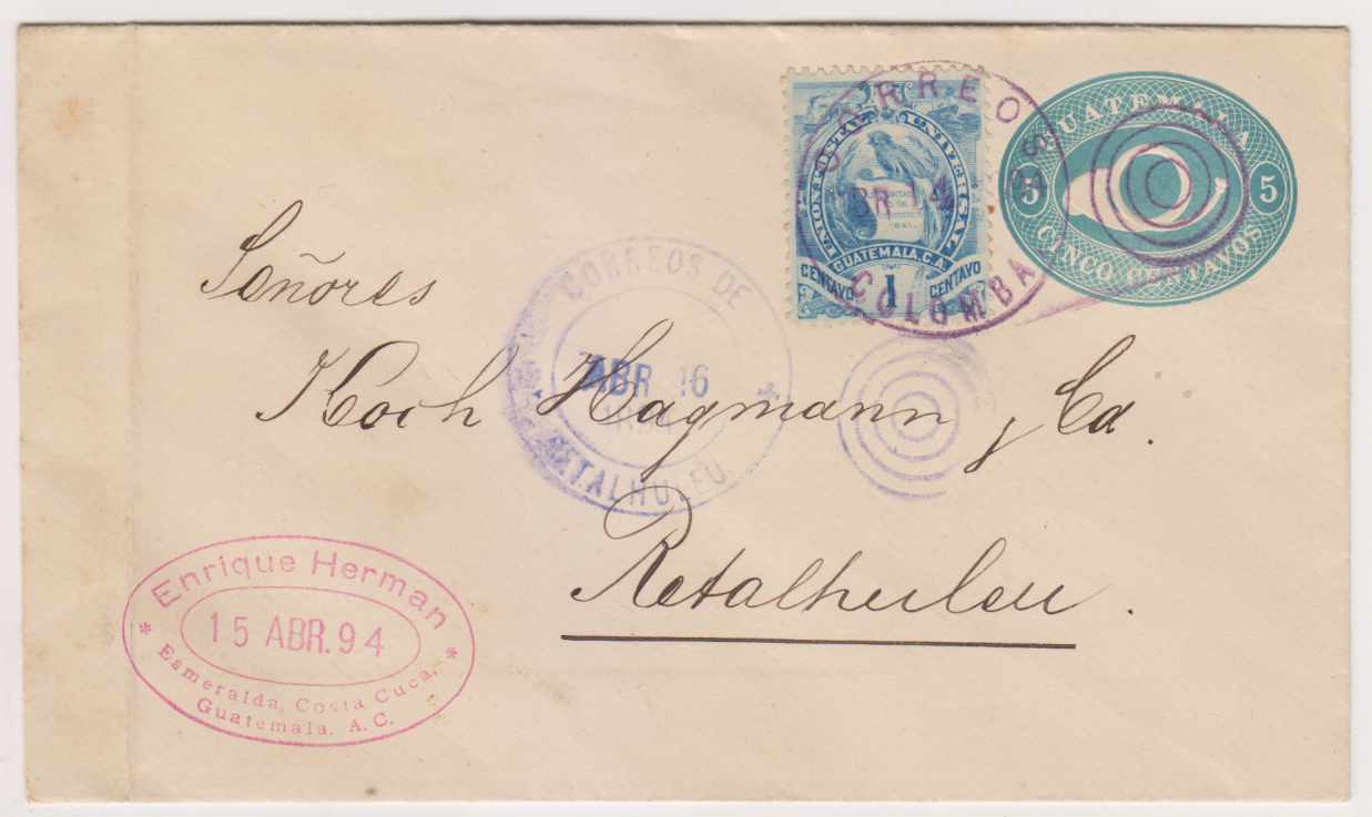 Guatemala 1894 — Uprated envelope used internally