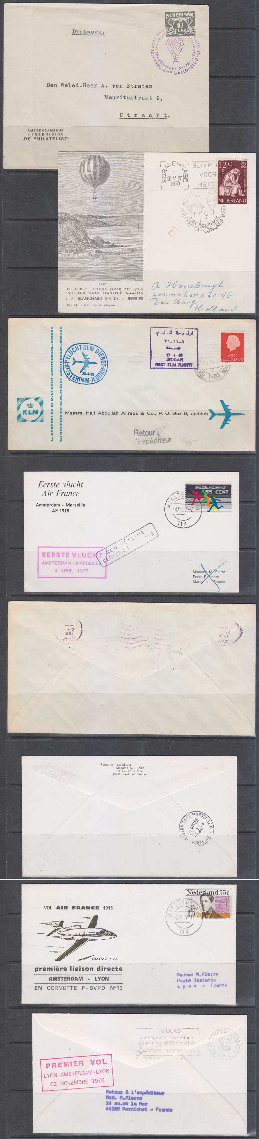 Netherlands 1942 — Useful group of 2 balloon & 3 First Flights covers with 1942 first balloon commemorative,…
