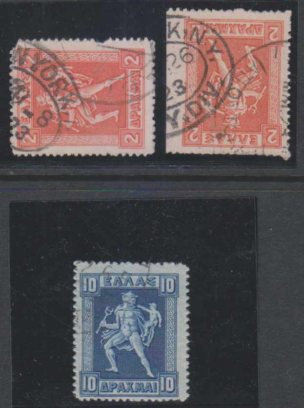 Greece 1911 — Scott 209, two copies used by "New York" cancels & 212, key value, used