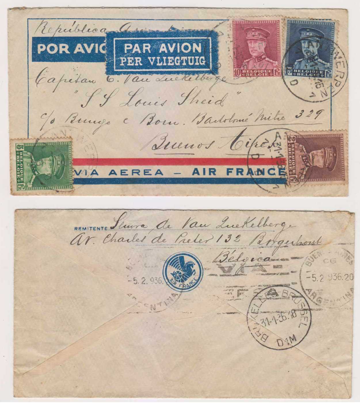 Belgium 1936 — Airmail via Air France to Buenos Aires