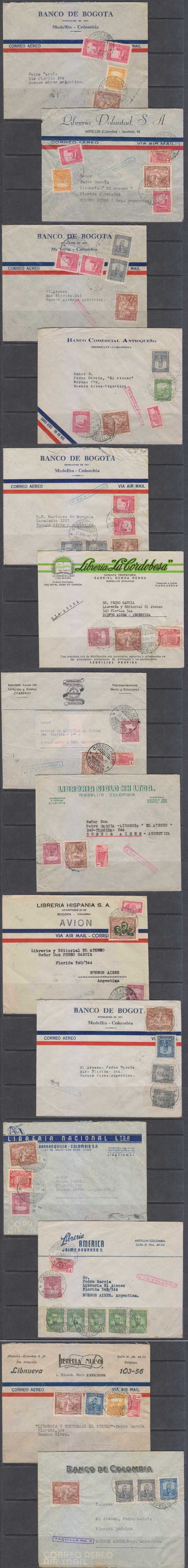 Colombia 1943 — "Taquilla No.." boxed & linear strikes on 21 airmails to Buenos Aires, Argentina in blue,…