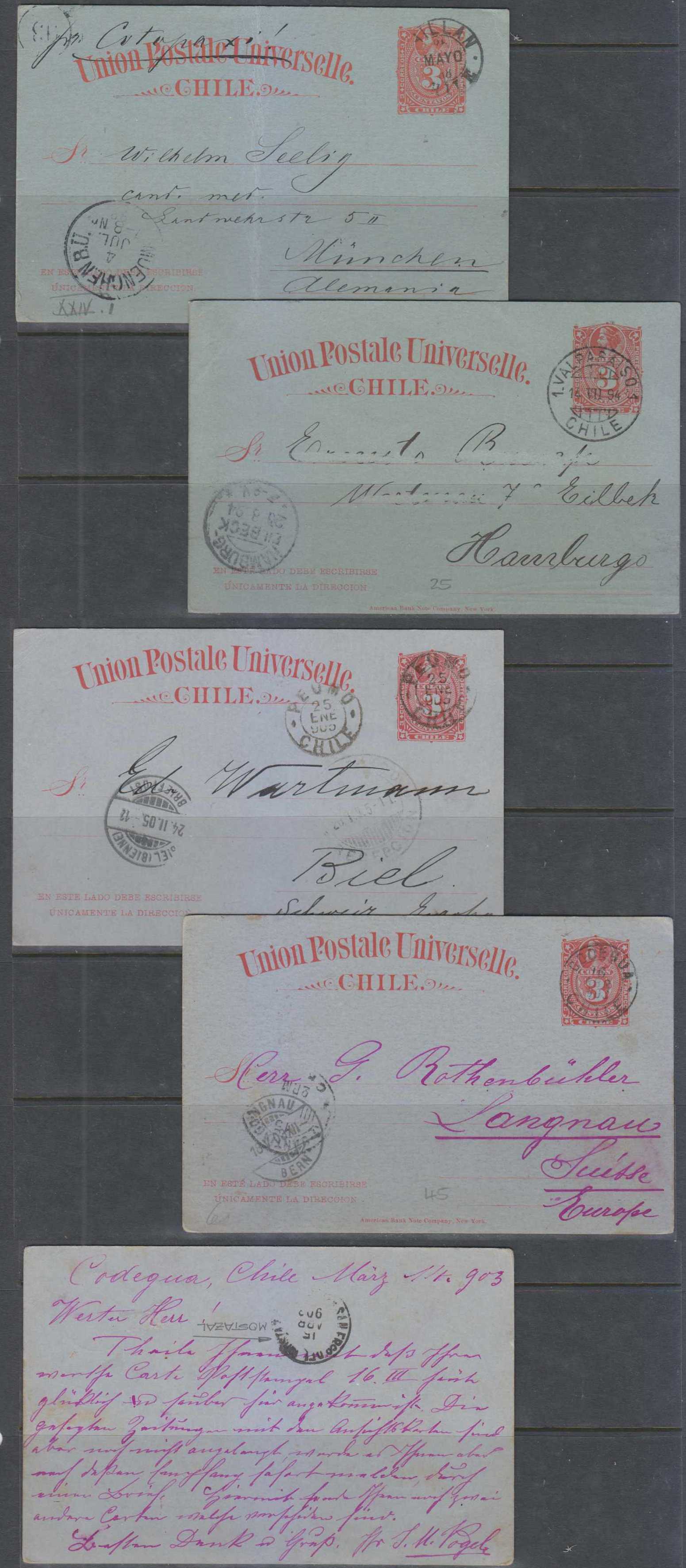 Chile 1888 — Four entires H & G 15 used Chilln 1888 to Munich perf stmr