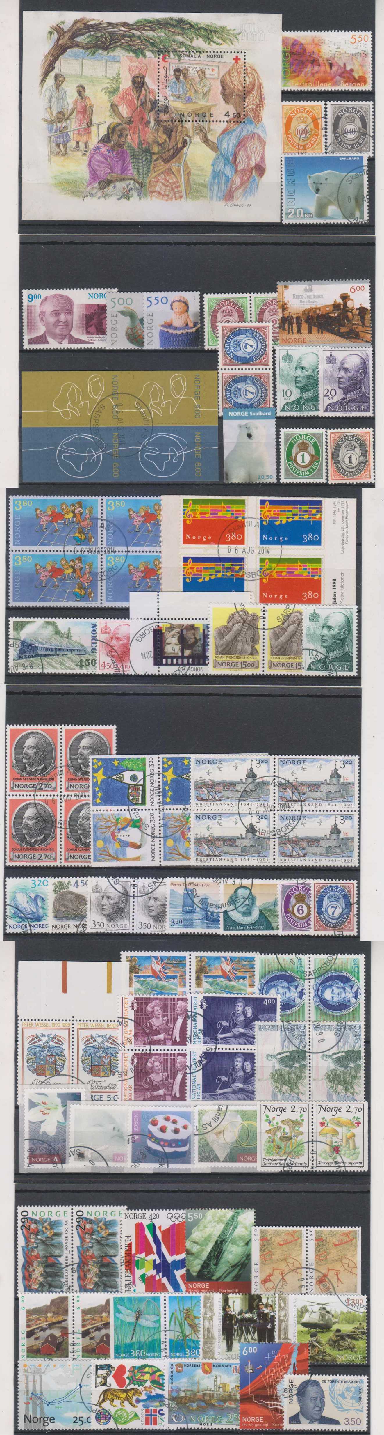 Norway — Neat moden assortment of 91 stamps including a Souvenir Sheet, and Several blocks & pairs…