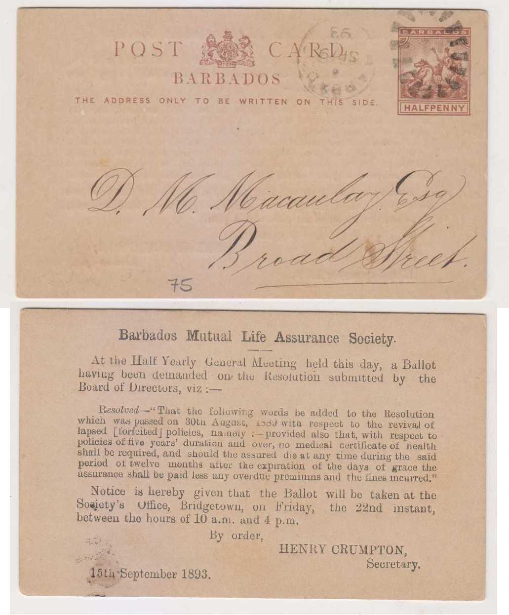 Barbados 1893 — H & G 8 privately printed by Insurance Co