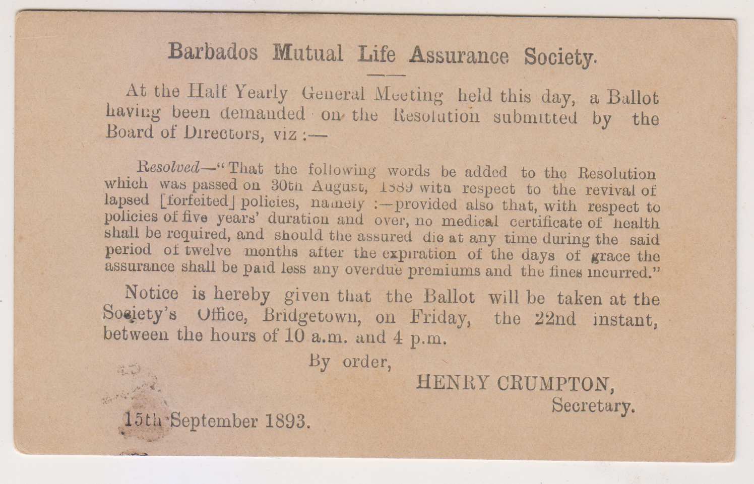 Barbados 1893 — H & G 8 privately printed by Insurance Co