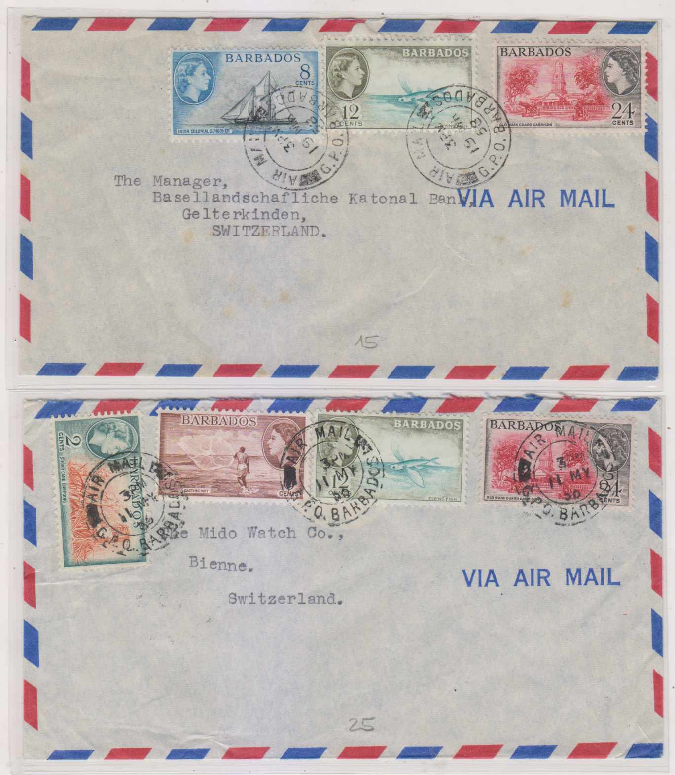Barbados 1956 — Two airmails to Bienne & Gelterkinden, Switz rated 44c