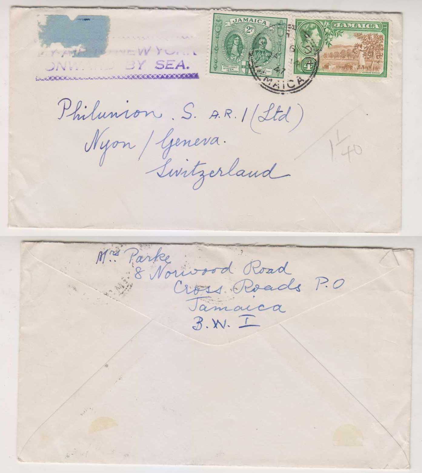 Jamaica 1947 — Intended airmail Cross Roads to Nyon, Geneva posted with 6d short in the rate required