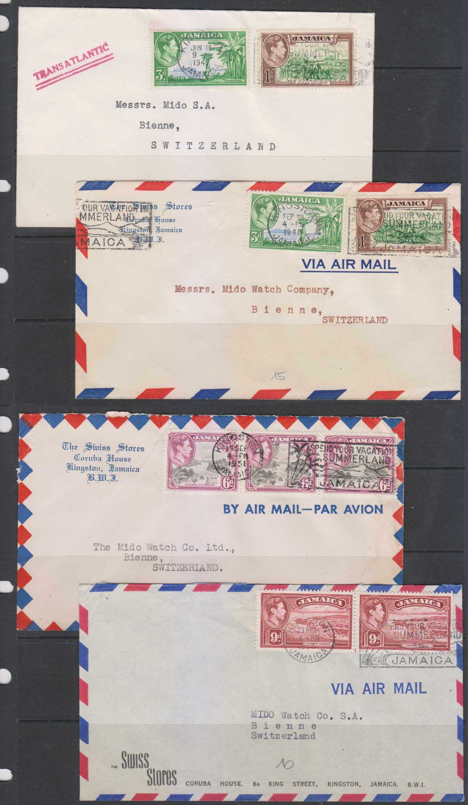 Jamaica 1947 — Four airmails Kingston to Bienne, Switz sent 1947-48 rated 1/3 & 1951 & 1956 rated 1/6