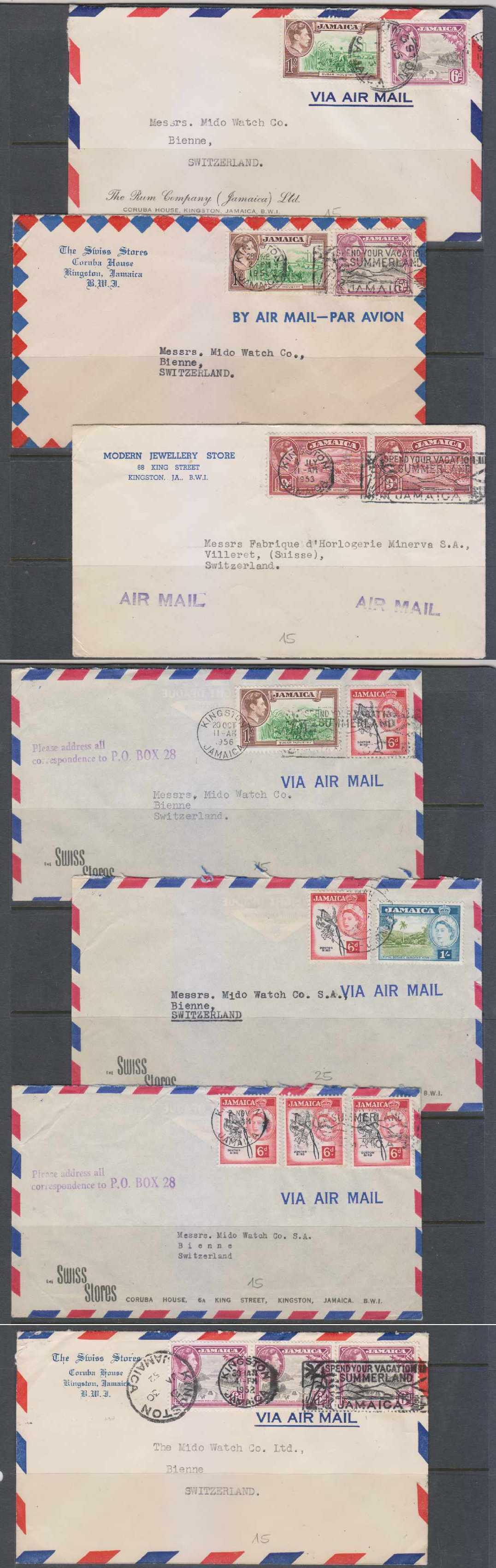 Jamaica 1951 — Seven airmails Kingston to Bienne, Switzerland rated 1/6 with different combination of…