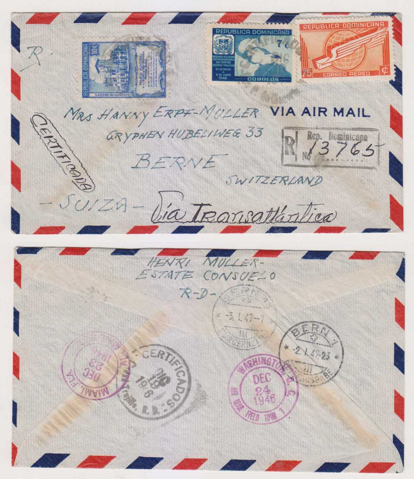 Dominican Republic 1946 — High rated R-airmail to Bern, Switzerland