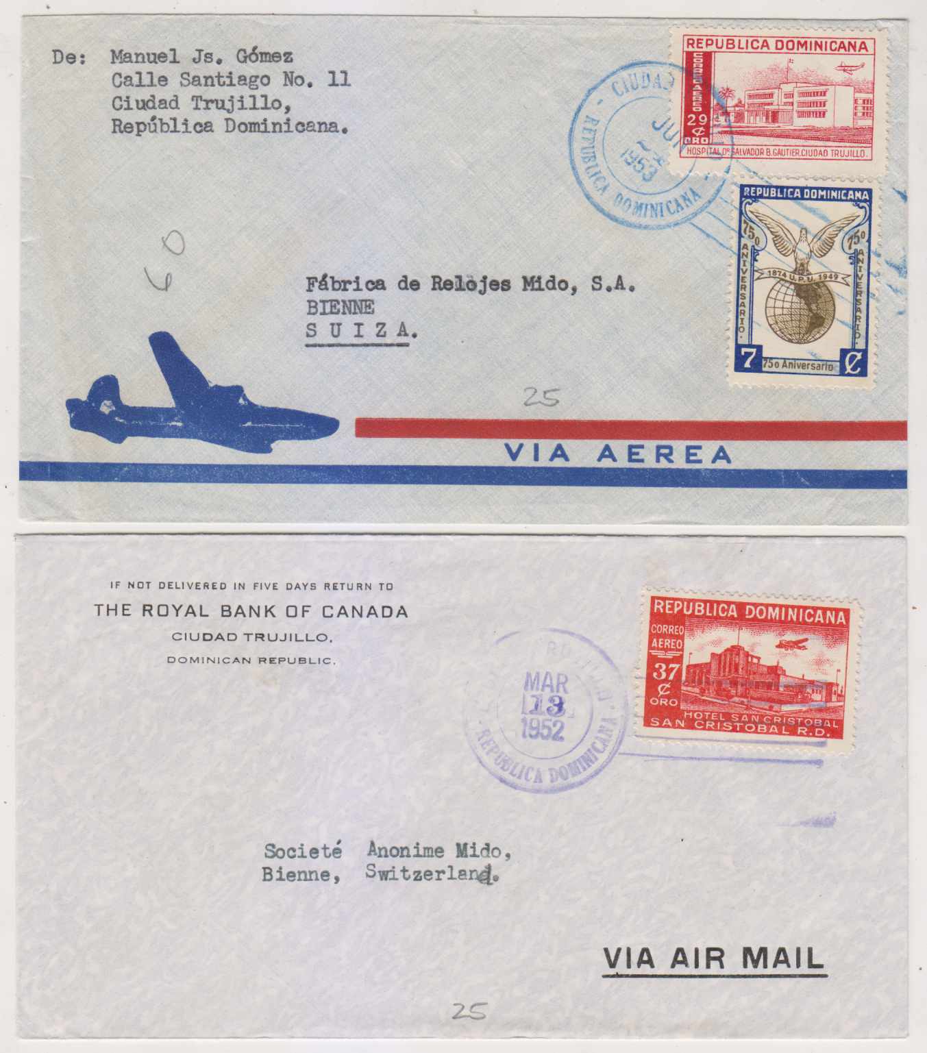 Dominican Republic 1952 — Two airmails to Bienne, Switzerland