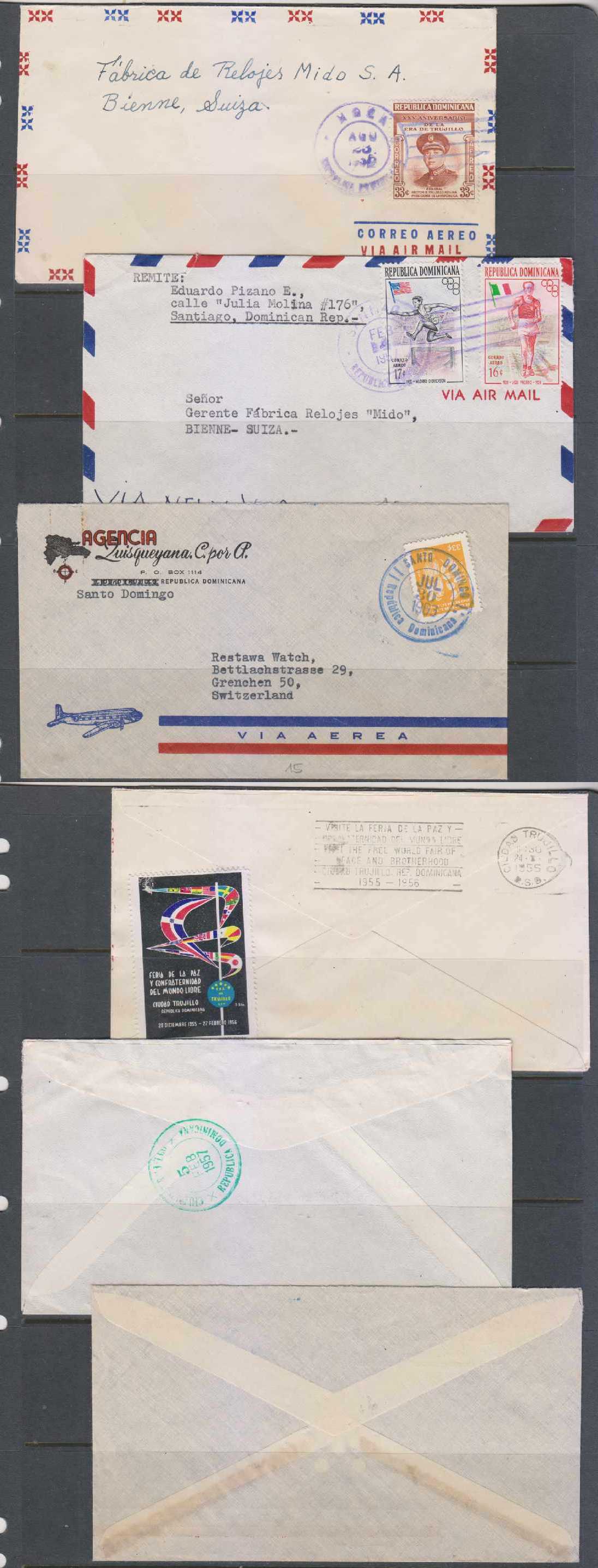 Dominican Republic 1955 — Three airmails to Switzerland rated 33c each from Santiago Domingo, Santiago & Moca