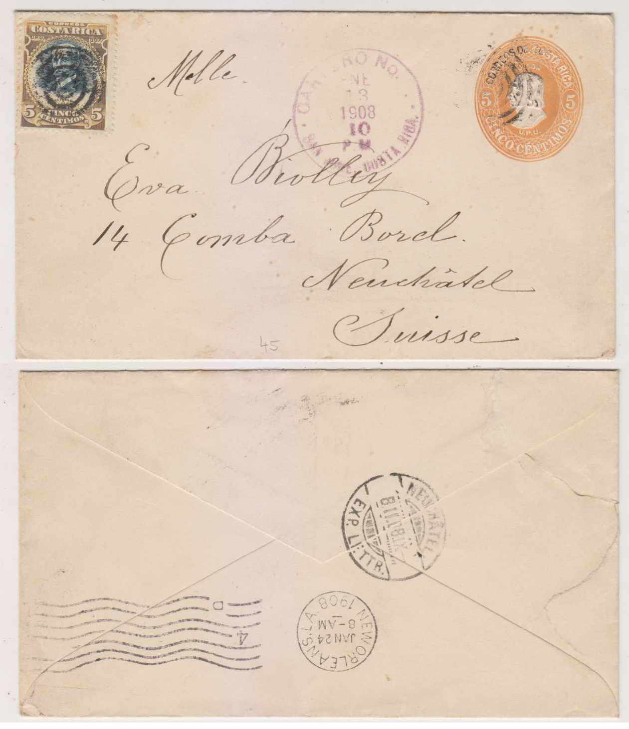 Costa Rica 1908 — Uprated envelope H & G B7 & Scott 62a used by mute cancel of circles & violet "Cartero NO