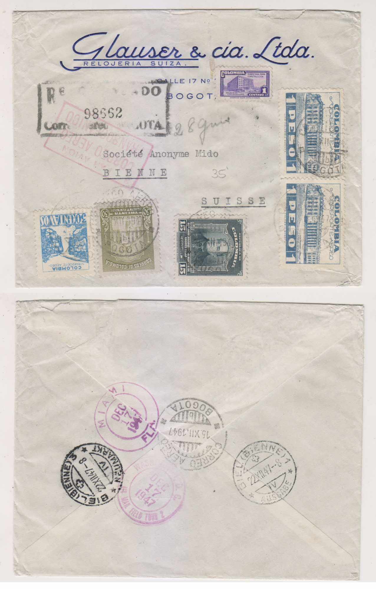 Colombia 1947 — R-airmail Bogota - Biel, Switzerland, 2Bg letter with Scott 501, 541, C138 pair C143 &…