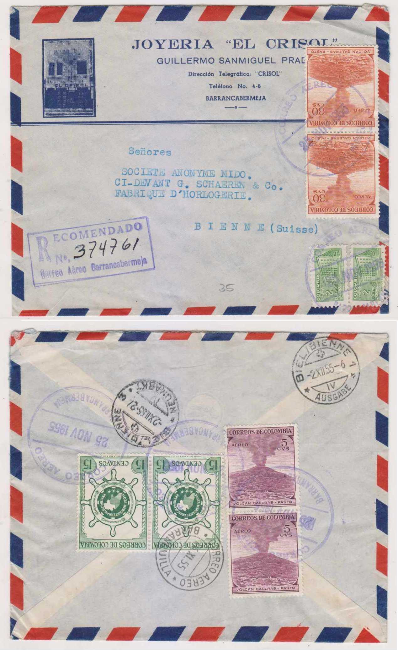 Colombia 1955 — R-airmail Barranca Bermeja - Bienne Deco Cover (Jewlery) with pairs Scott C244 & Ra42