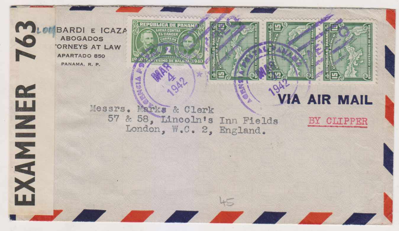 Panama 1942 — Censored mail via Clippper Panamato to London, rated 45c plus 1c postal tax
