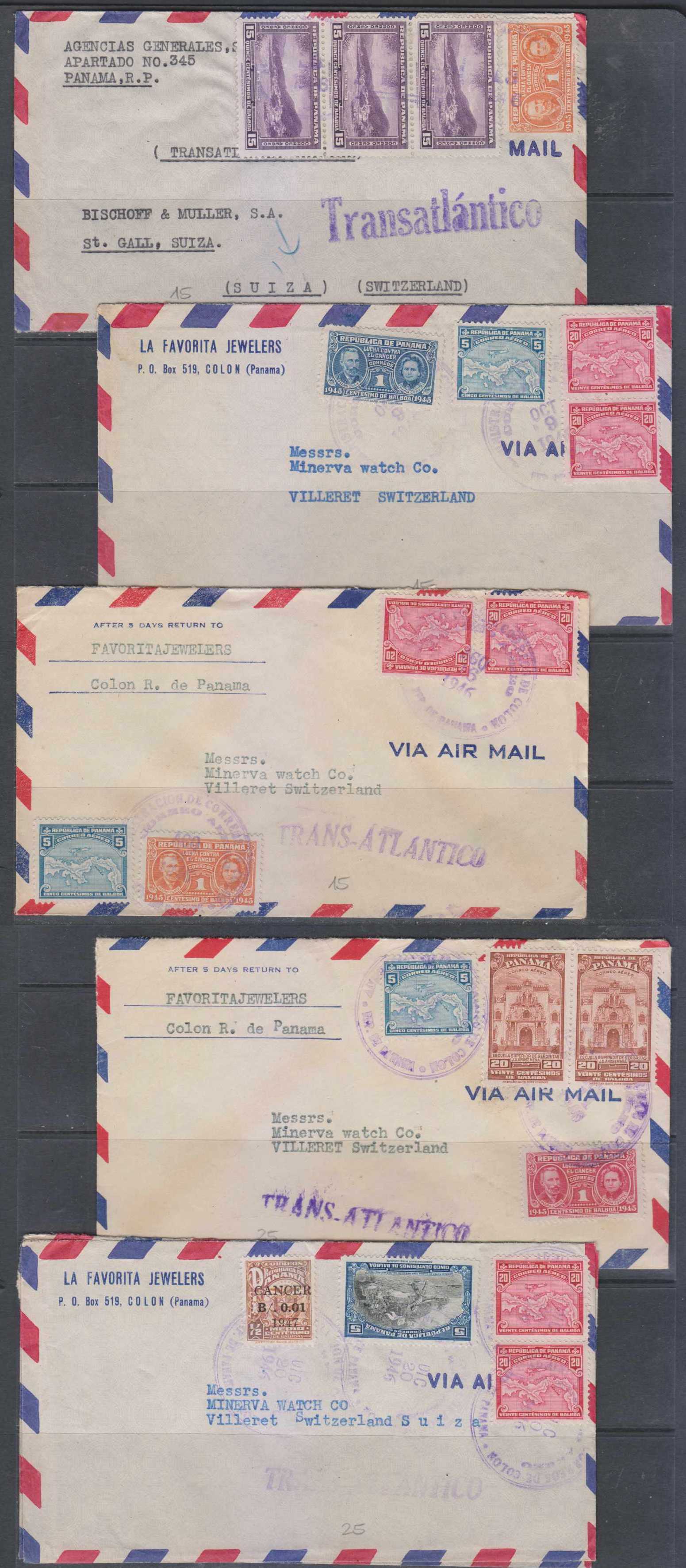 Panama 1946 — Six trans-atlantic airmails Panama to St