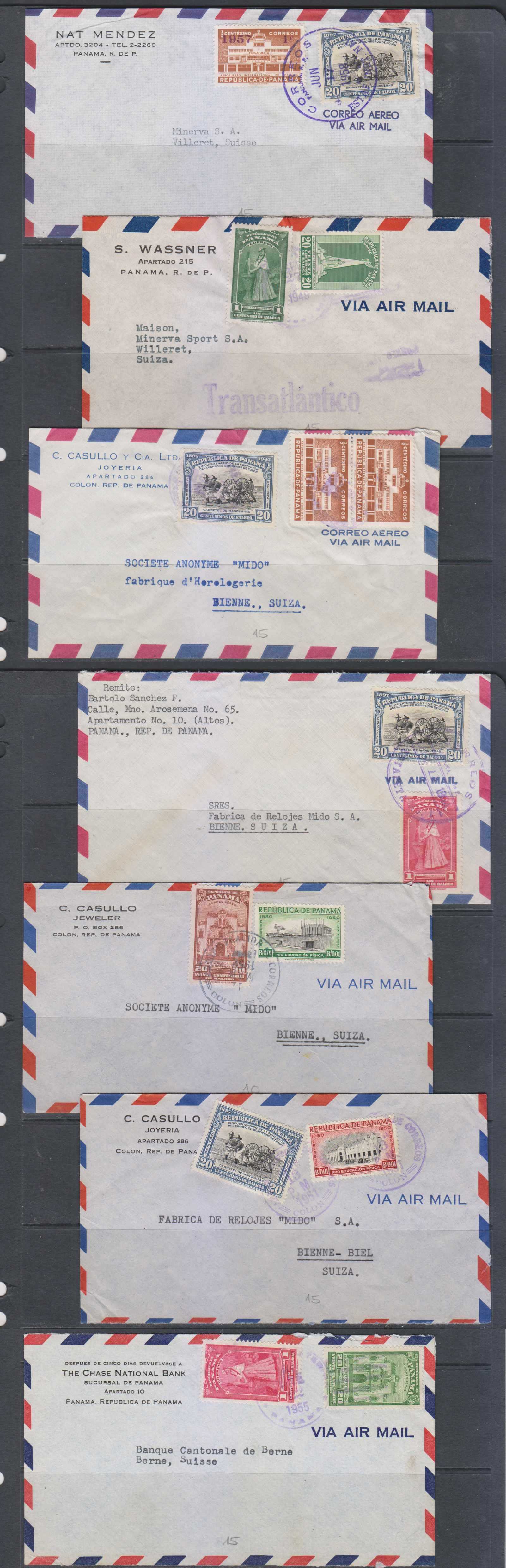 Panama 1948 — Seven airmails Panama City & Colon to Berne, Biel & Willeret, Switzerland rated 21c each…