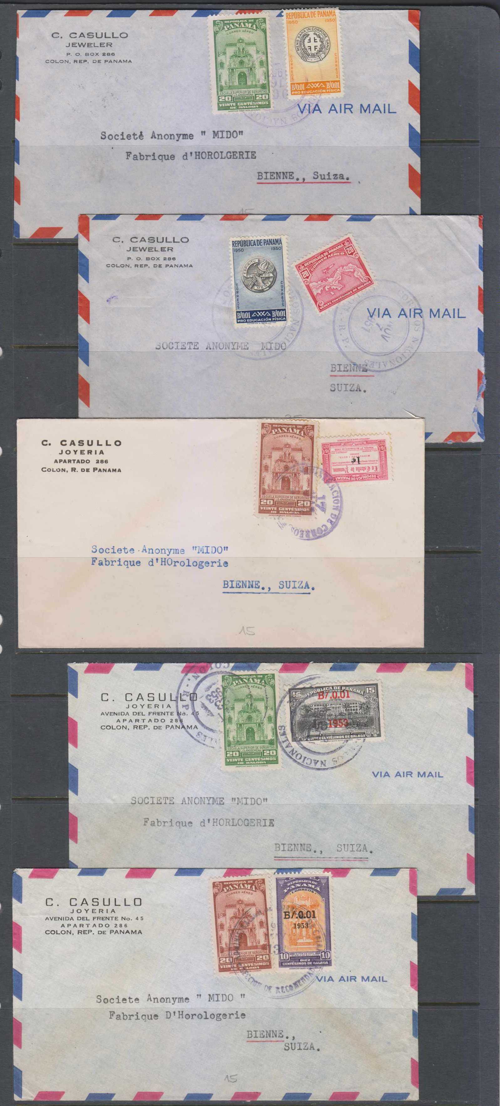Panama 1951 — Five airmails Colon to Bienne, Switzerland