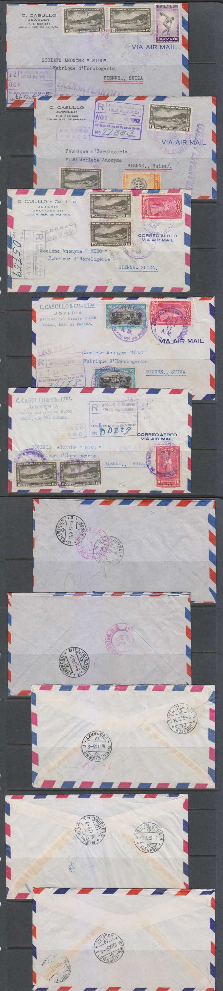 Panama 1952 — Five registered airmails Colon city to Bienne, Switzerland, rated 31c each all of chiefly…