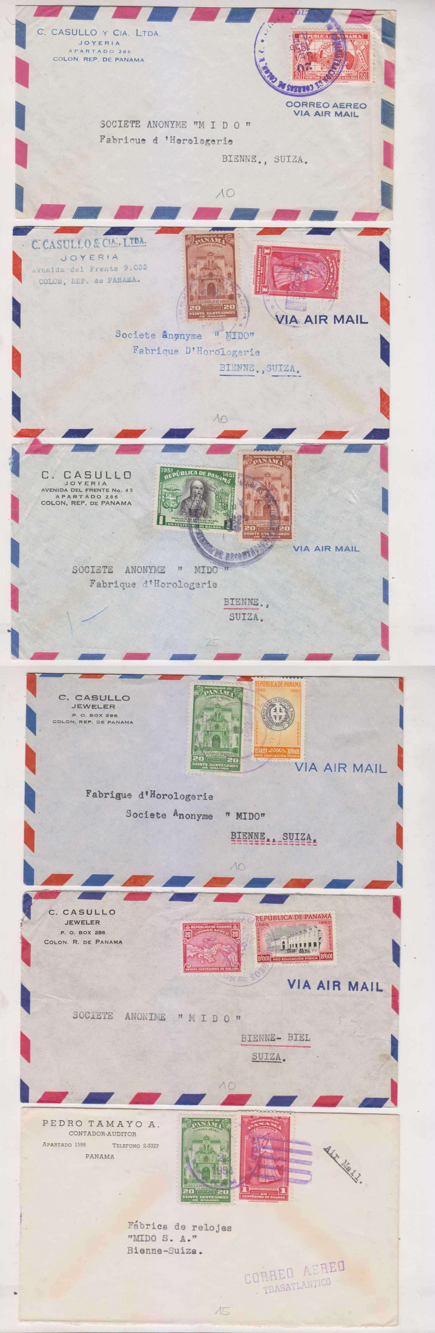 Panama 1952 — Six airmail covers Colon & Panama to Bienne, Switzerland with Rotary C151, Queen Isabella…