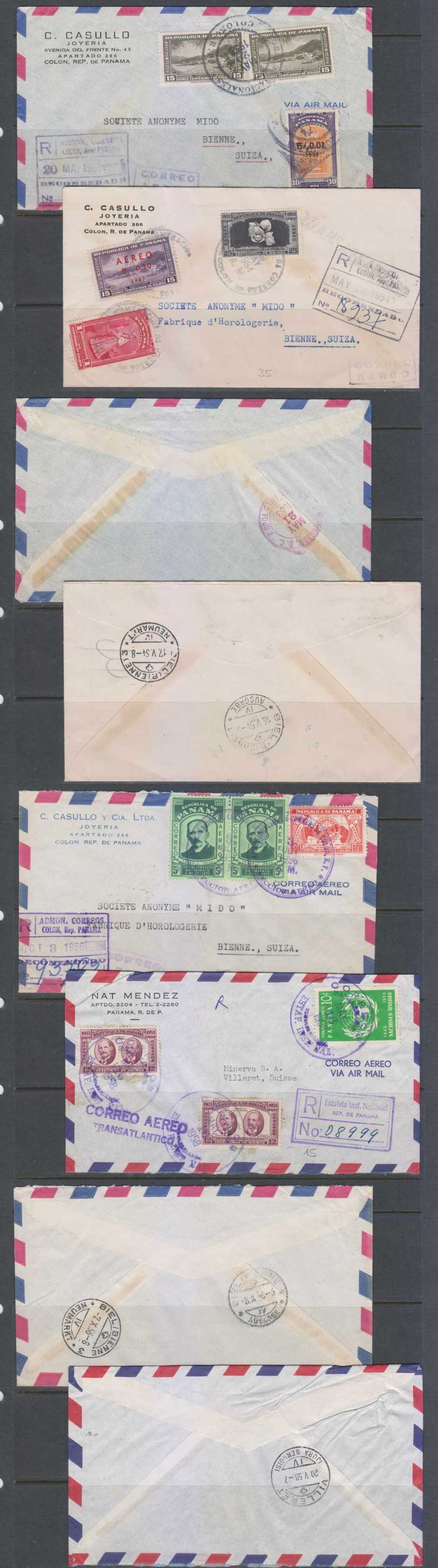 Panama 1953 — Choice group of 4 registered air mails Colon & Pnamaa city to Villeret & Bienne,…