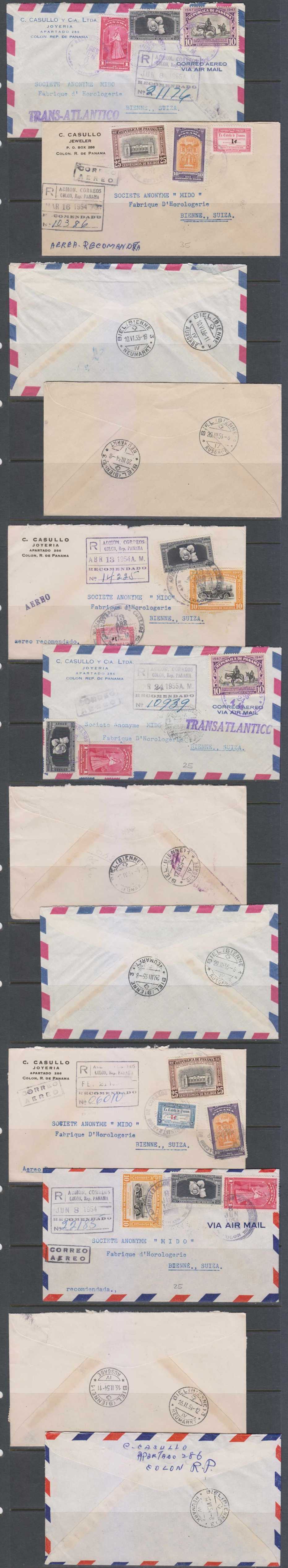 Panama 1954 — Six registered transatlantic air mails Colon to Bienne, Switzerland rated 36c each