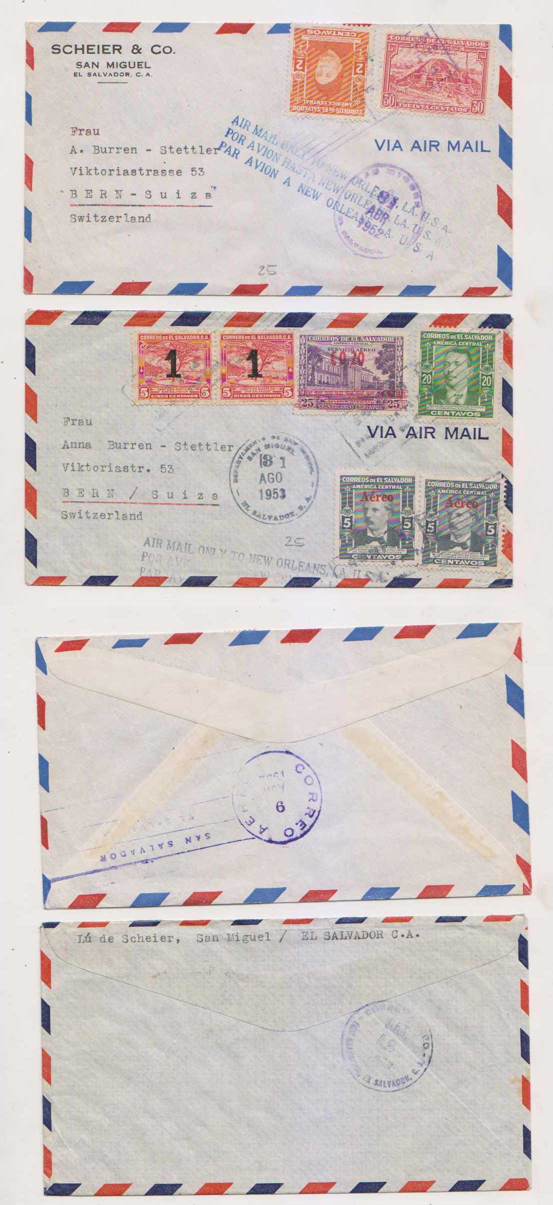 El Salvador 1952 — "Air Mail Only TO New Orleans, LA USA" trilingual handstamp on 2 airmails to the same…