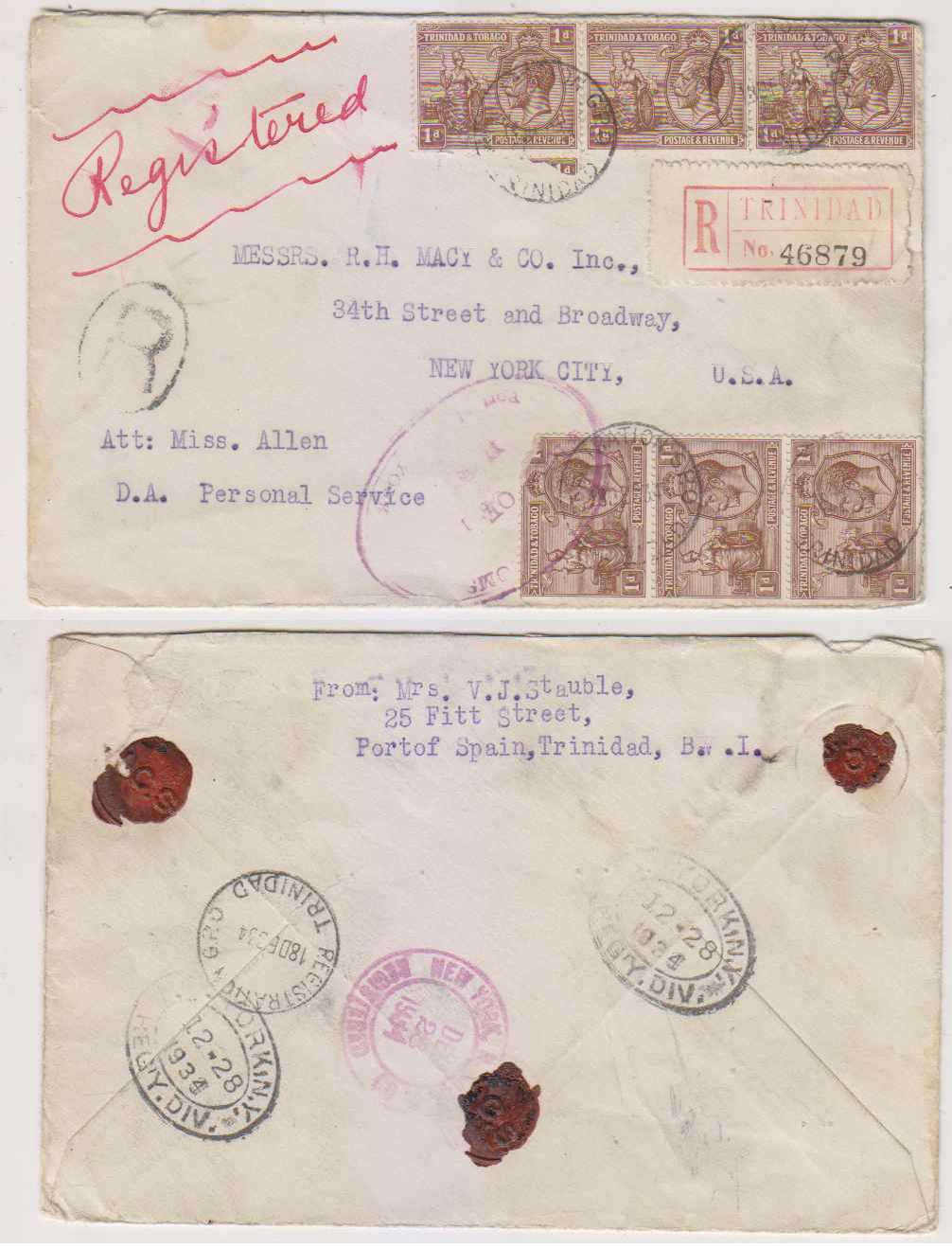 Trinidad & Tobago 1934 — Registered mail to New York checked by the Customs House
