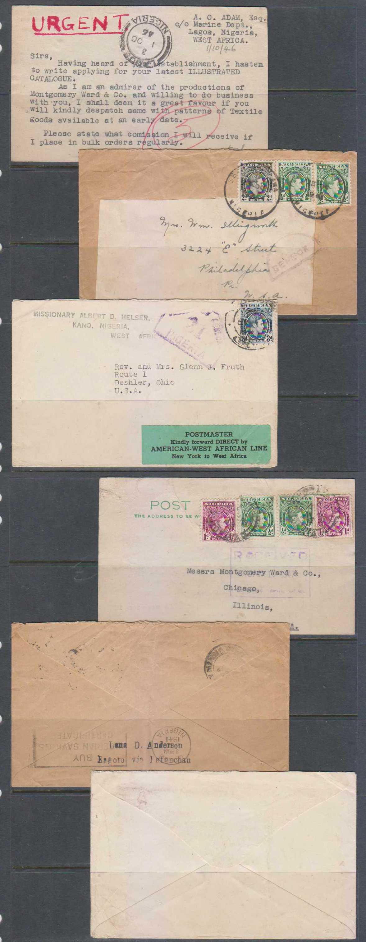 Nigeria 1941 — Attractive group of 3 mails to USA including a 1941 censored cover to Phila, PA