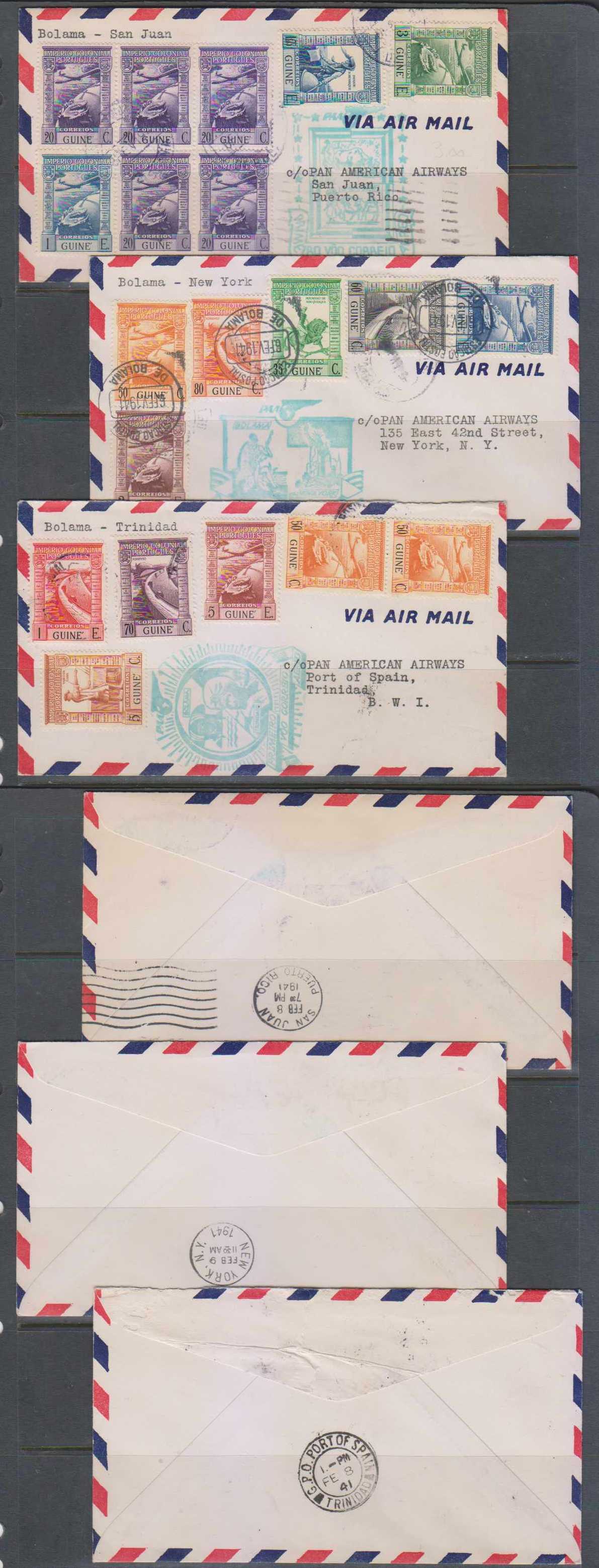 Portugal 1941 — Three Paa first flight, Bolanna to Trinidad, San Juan PR & New York