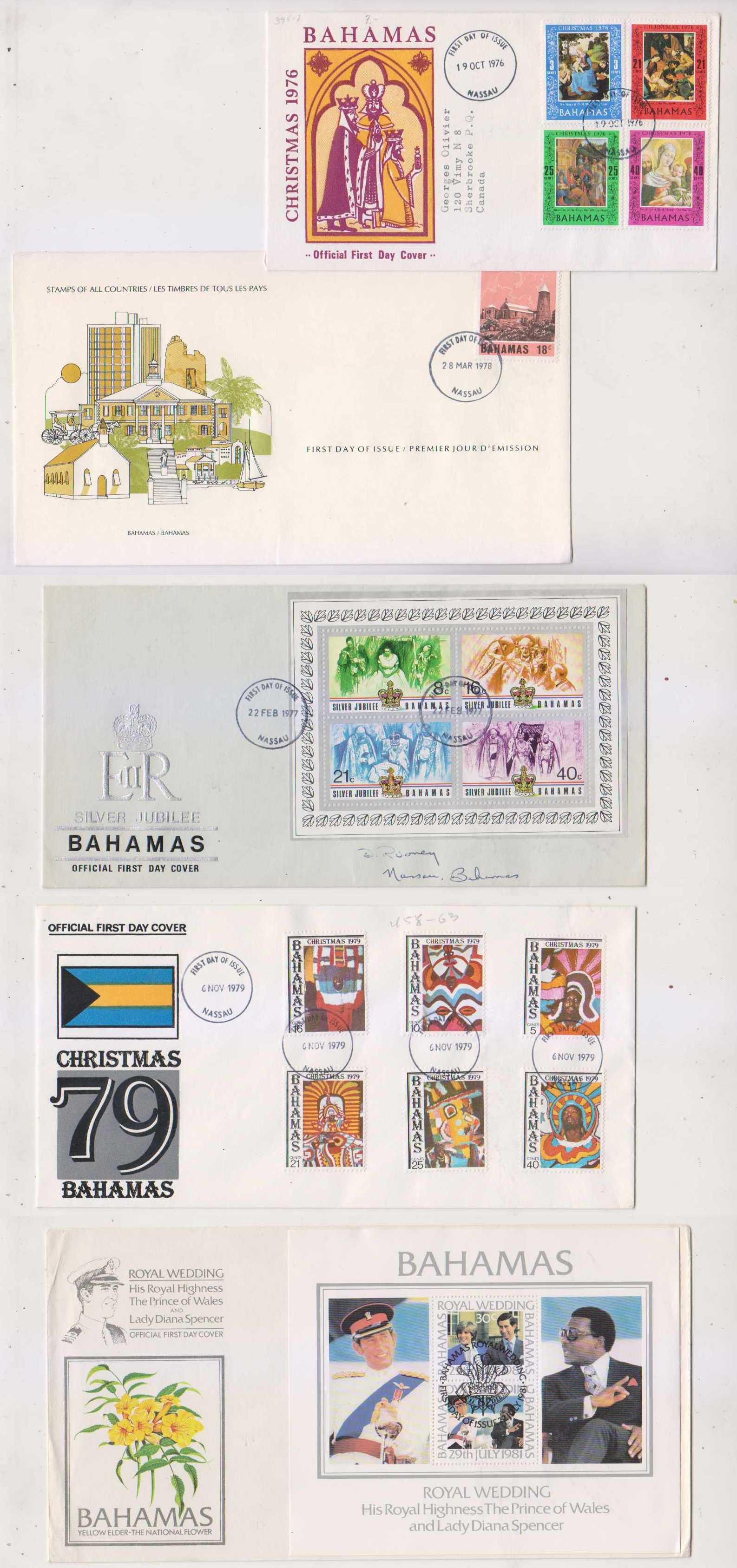 Bahamas 1976 — Five cacheted Fdc's Scott 394-397, 423, 405a, 458-463 & 491a