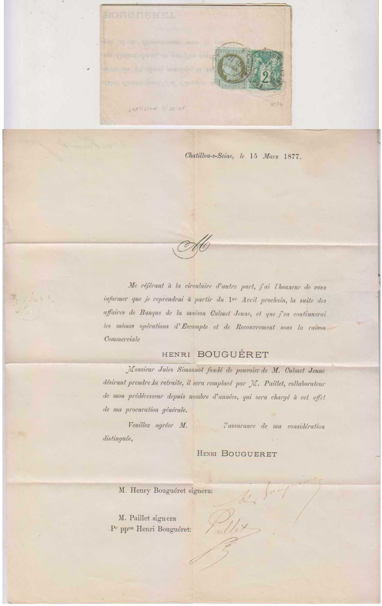 France 1877 — Superbe combination on entire circular dated March15 with Scott 50 & 77 used by Chatillon…