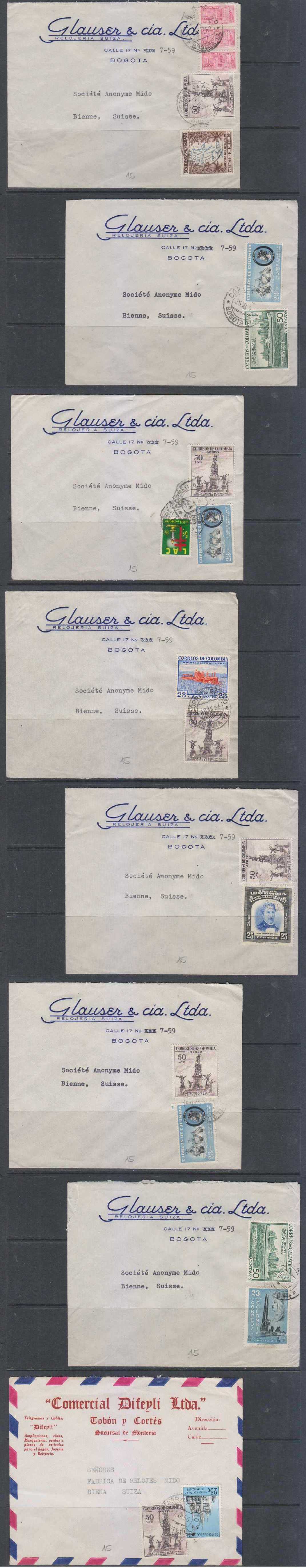Colombia 1955 — Eight airmails to Switzerland rated 73c each from Bogota, Cartagena & Monteria