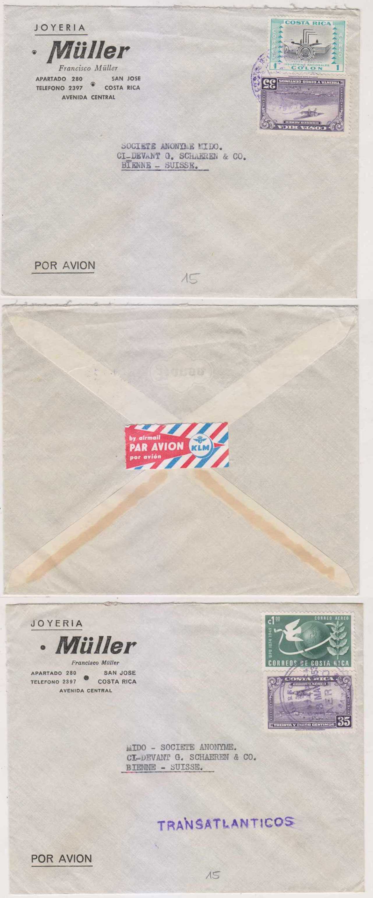Costa Rica 1950 — Two airmails to Bienne & Switzerland rated 1.35Col each sent from San Jose