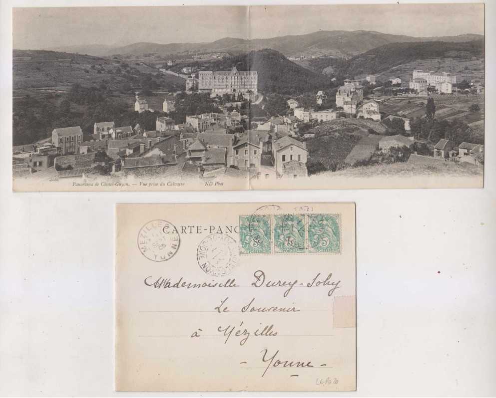 France 1905 — Panoramic Postal card (double card) used from Chatel - Guyon on Sept10 to Mezilles - Yonne