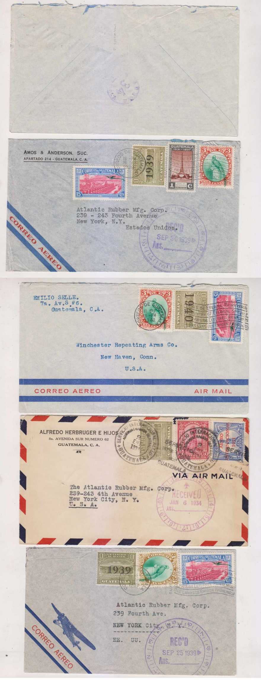 Guatemala 1934 — Four airmails rated 18c+1c postal tax Guatemala City