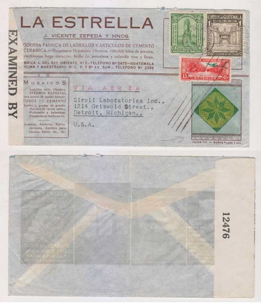 Guatemala 1942 — Censored Deco Cover (Both sides) airmailed Guatemala City to Detroit, Mich