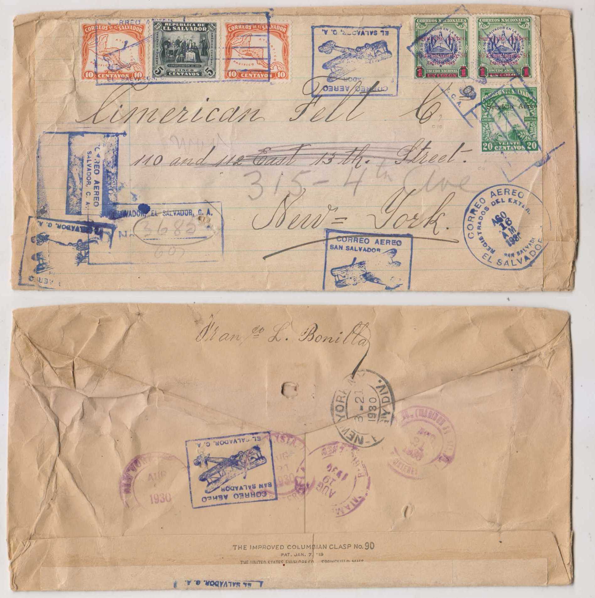 El Salvador 1930 — Airmail San Salvador - New york, registered, Aug16 on Scott C1 & pair C6 & others
