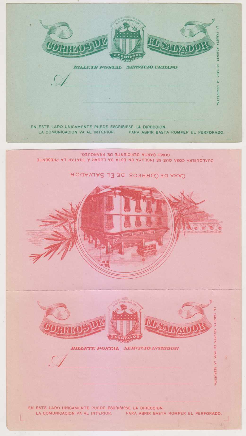 El Salvador 1895 — Letter cards A1a two cents imperforated & A2a thru cents double card imperforated red on…